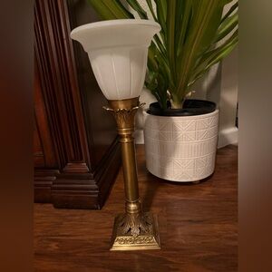 Vintage, Hollywood Regency Elegant Brass and White Glass Candlestick